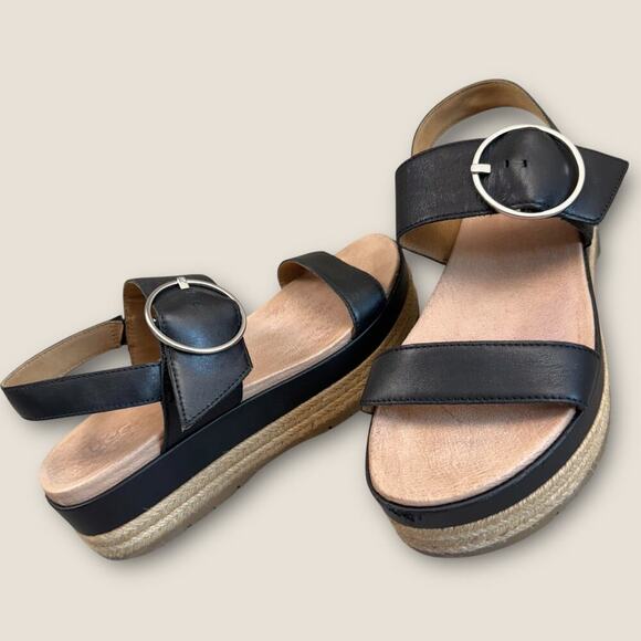 UGG Shoes - UGG Leather Ankle Strap Platform Espadrille Sandals Women Size 9.5 April Black